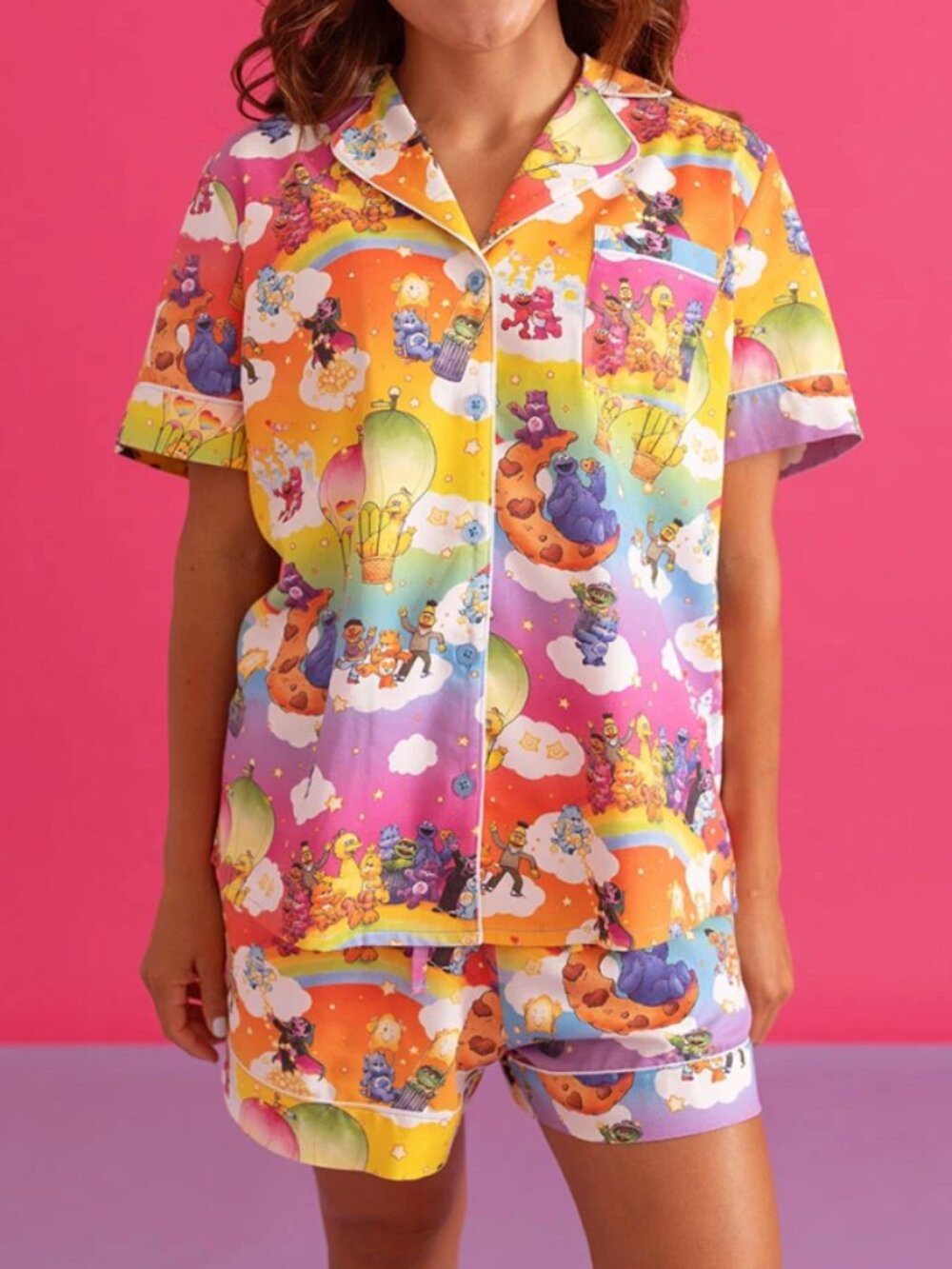 Cloudco Orange Short Sleeve Care Bears™ x Sesame Friends Women's Twill Pajamas